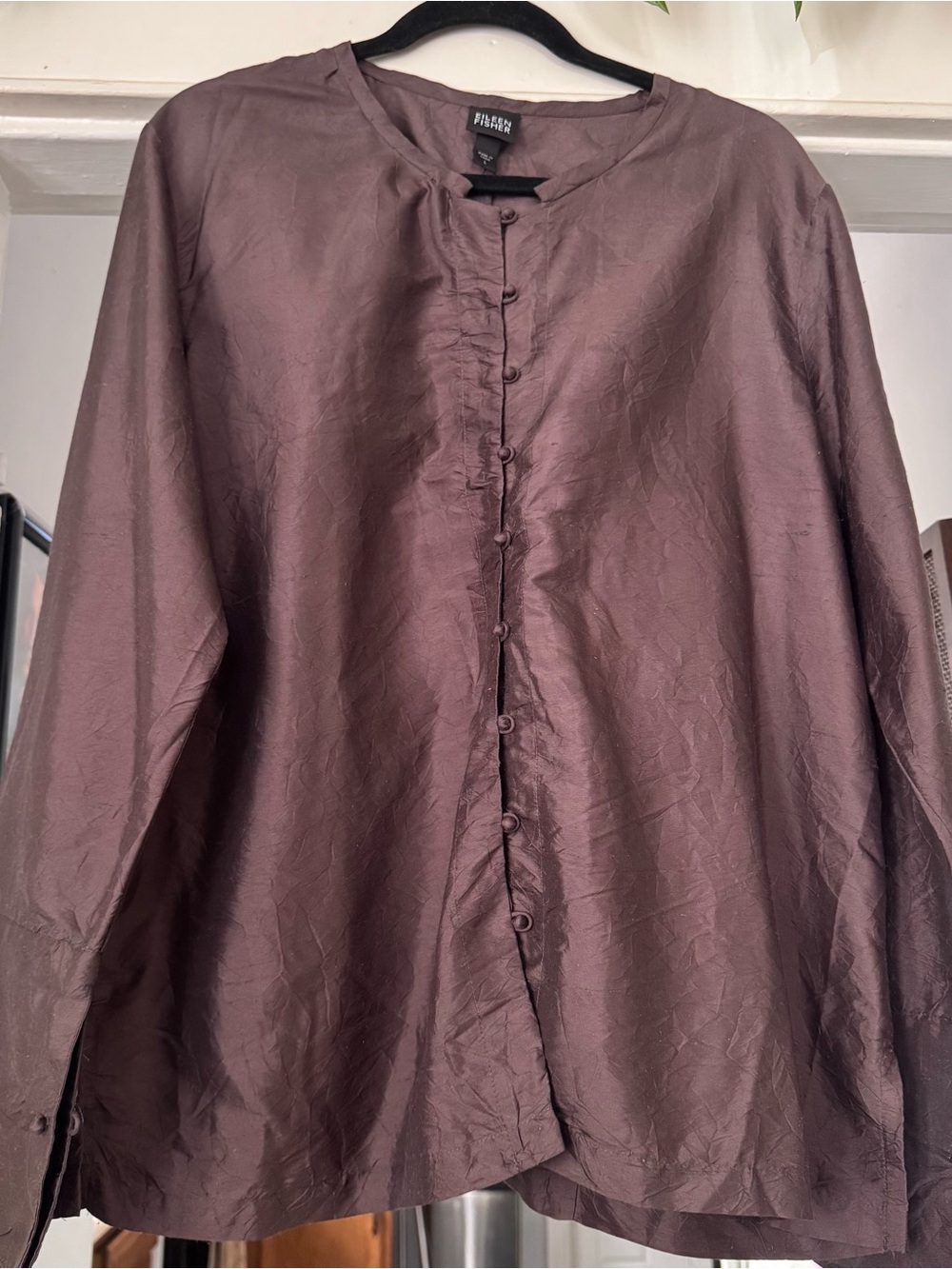 Eileen Fisher 100% Silk frog button Long Sleeve Top Sz L brown